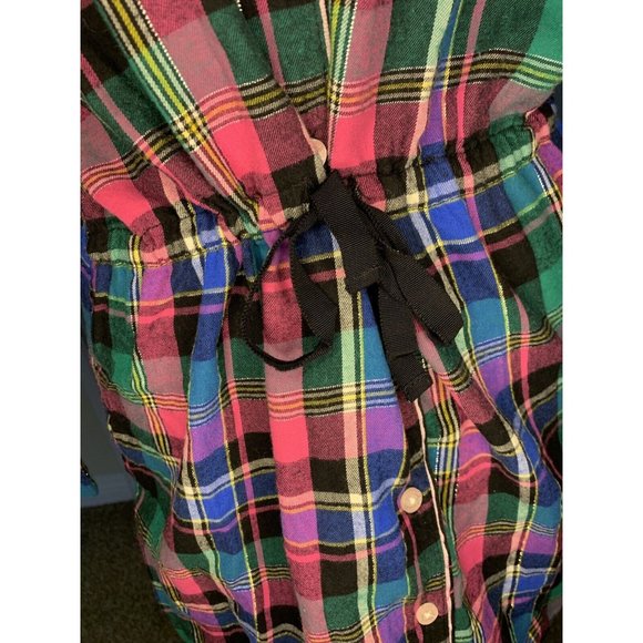 Victoria Secret Flannel Short Dress/ Robe Pink Grn Plaid Drawstring Waist XS - Picture 5 of 11